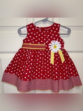 Red Polka Dot Girls Casual Dress with Yellow Daisy Accent